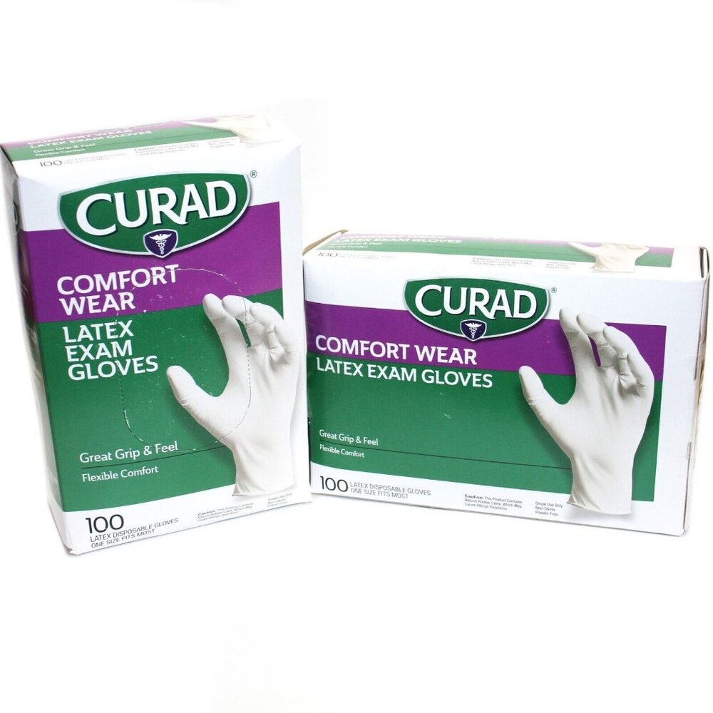 Curad Comfort Wear Latex Exam Gloves Powder-Free One Size 100 Count 2 Boxes